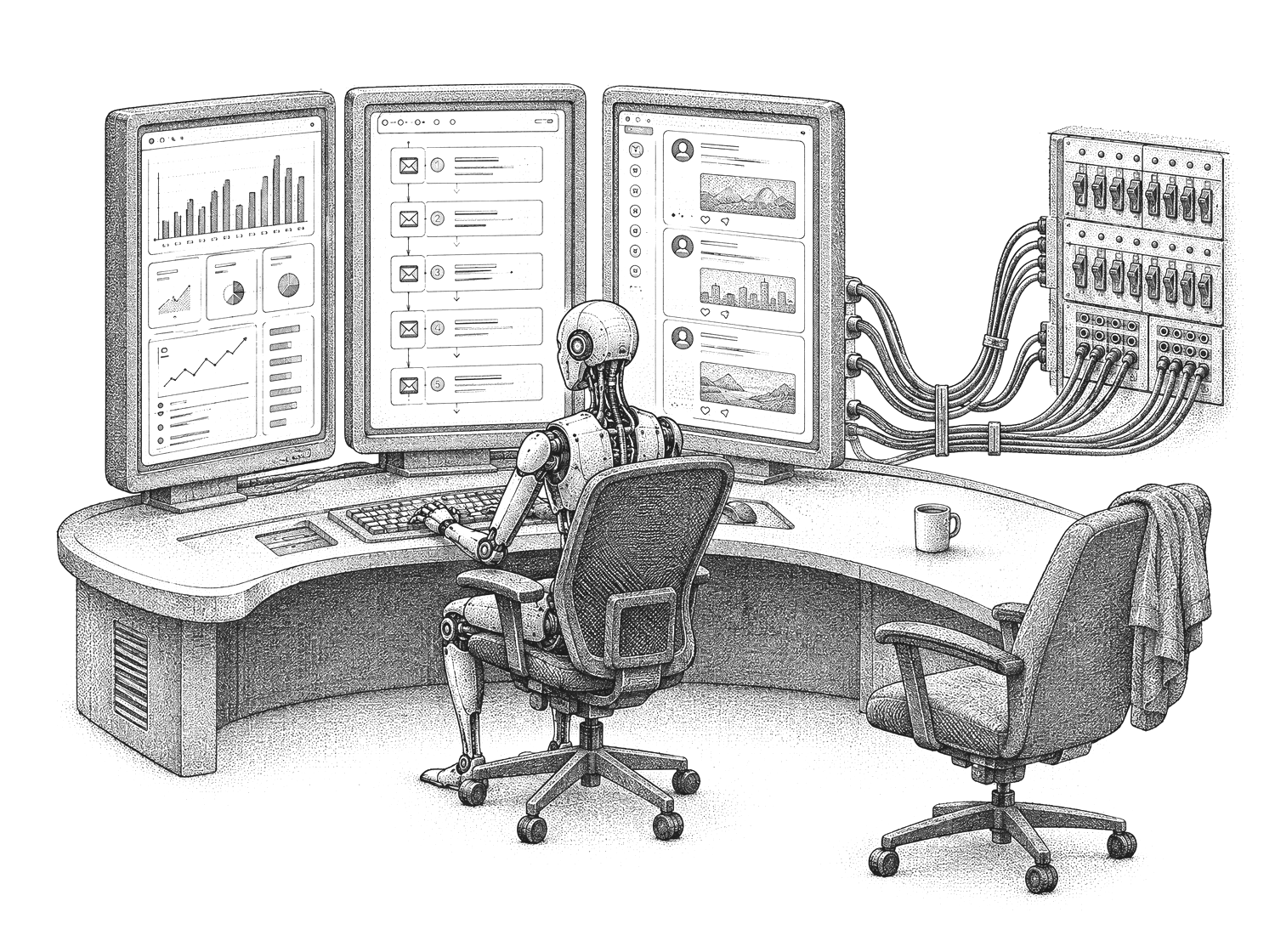 Engraving of a robot agent at a control desk, its monitors showing the Napalm dashboard, sequences and content feed