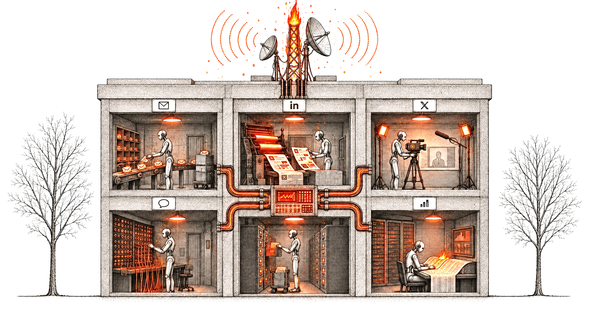 Engraved cutaway of the Napalm HQ: robot agents working email, LinkedIn, X, DMs, CRM and analytics