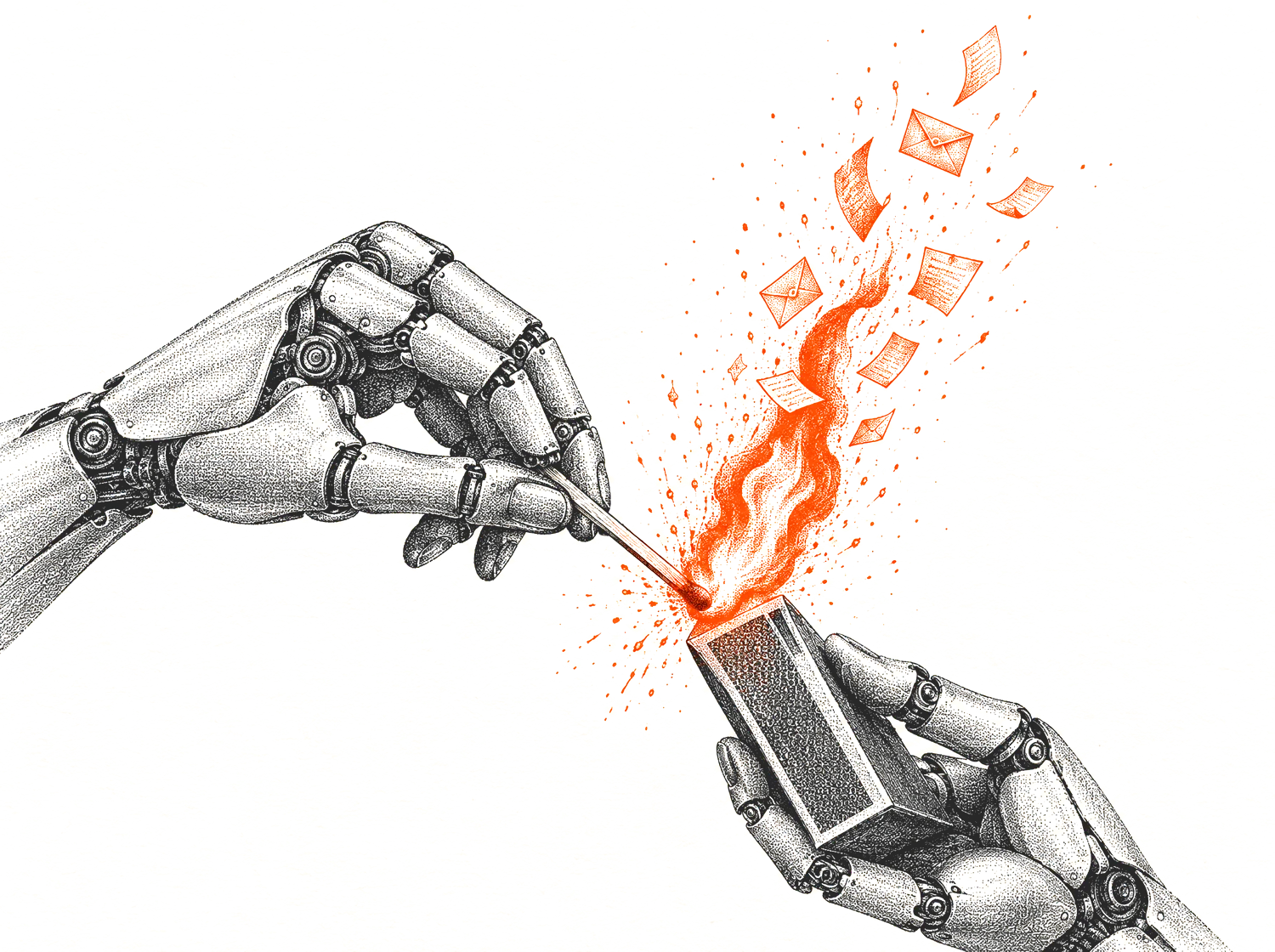 Engraving of a robot hand striking a match, its flame throwing off envelopes like embers