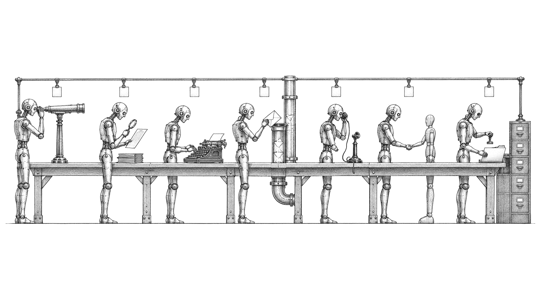 Engraving of seven robot agents passing a lead down the line: discover, enrich, write, send, reply, meet, CRM
