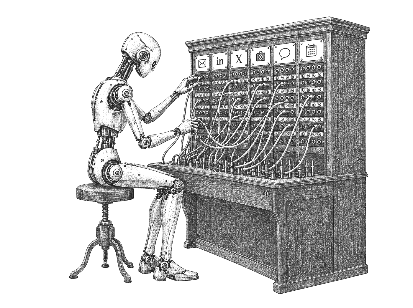 Engraved robot agent patching cables into a switchboard of marketing platforms
